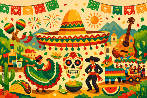 Vibrant Cinco de Mayo Vector Illustration with Traditional Mexican Fiesta Elements: Sombrero, Sugar Skull, Piñata, Maracas, Guitar, Folk Dancers, Taco, Tequila, Guacamole, and Papel Picado Banners.