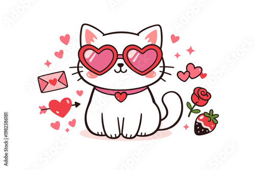 Adorable Sketch of a Whimsical Feline Sporting Crimson Eyewear for Amore Celebrations, Sweet Snowy Pussycat Artwork with Bloom, Secret Message, Berry, and Emotions, Creative Sketch Design.