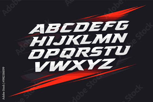 Dynamic Sport Alphabet with Edgy Cutout Details, Bold Minimalistic Angled Font for Racing Logo Design, Fast Action Typography, Modern Speed Lettering Set for Automotive Branding and Gaming.