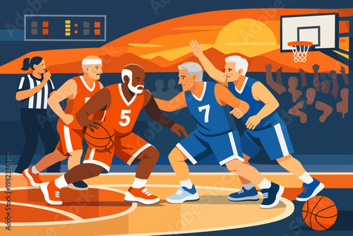 Vibrant flat vector illustration of senior men playing a competitive basketball game. Elderly athletes in orange and blue uniforms on a court with a referee, scoreboard, and sunset backdrop.