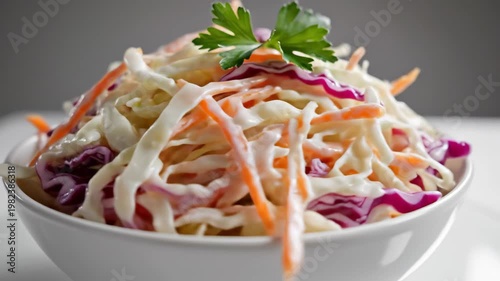 Close-up of coleslaw in a white bowl on a table