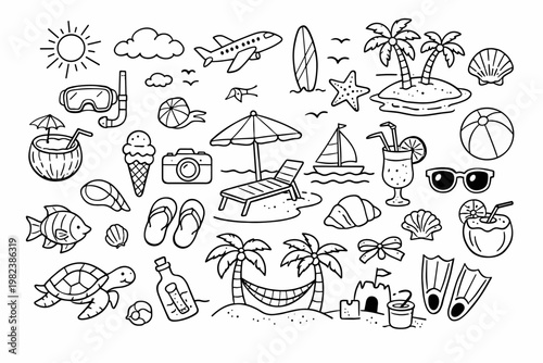 Tropical Beach Doodle Icons Set with Summer Vacation Elements, Hand-Drawn Line Art Vector Illustration Featuring Sun, Palm Trees, Sea Life, Beach Gear, Travel Icons, and Holiday Symbols.
