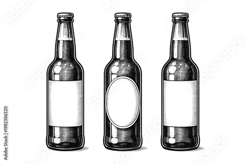 Set of Three Vintage Hand-Drawn Beer Bottles with Blank Labels for Mockups, Isolated Vector Illustration in Engraving Style for Craft Brewery Branding, Beverage Packaging and Label Design