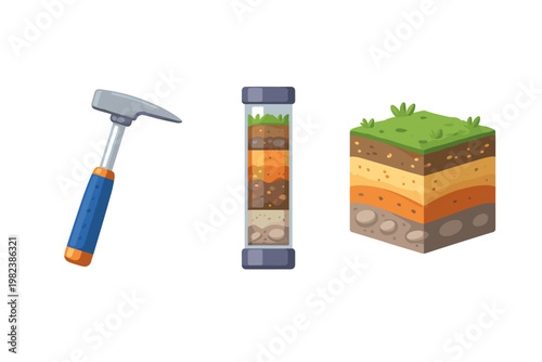 Geology and soil analysis vector icon set featuring a geologist hammer, a core sample tube, and a cross-section block of earth layers showing stratigraphy for scientific research and education.