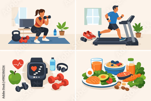 Comprehensive healthy lifestyle vector illustration set featuring home workout scenes with a woman squatting, a man running on a treadmill, a fitness tracker, and a plate of nutritious food.