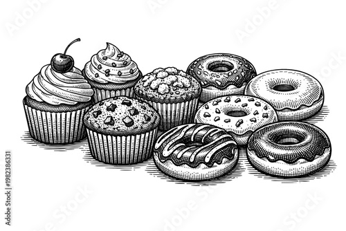 Vintage hand drawn engraving of sweet bakery treats including frosted cupcakes with cherries, chocolate chip muffins, and glazed donuts with sprinkles, retro woodcut style vector illustration.
