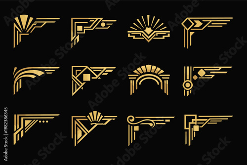 Set of Art Deco Gold Corner Icons and Decorative Geometric Border Elements. Vintage Luxury Ornaments for Invitations, Frames, and Graphic Design. 1920s Gatsby Style Vector Illustration Set.