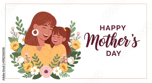 Happy mother's day card with mother and daughter illustration