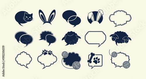Collection of Pet Animal Speech Bubbles and Graphic Design Elements with Cat, Rabbit and Paw Icons