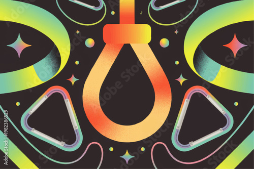 Modern abstract rock climbing composition featuring a vibrant neon gradient rope loop and carabiners on a dark starry background