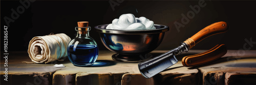 Vintage straight razor shaving still life with soap bowl, blue aftershave bottle, rolled towel and wooden handle on dark table