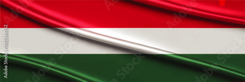 Waving Hungary flag background with silky fabric texture, red white and green national banner in elegant abstract design