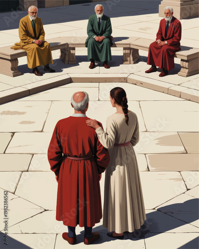 Medieval tribunal hearing in stone courtyard with elders on bench and couple facing judgment, dramatic historical illustration