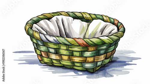Hand Drawn Wicker Basket with Folded Laundry Cloth Illustration, Colorful Household Container for Cleaning and Storage