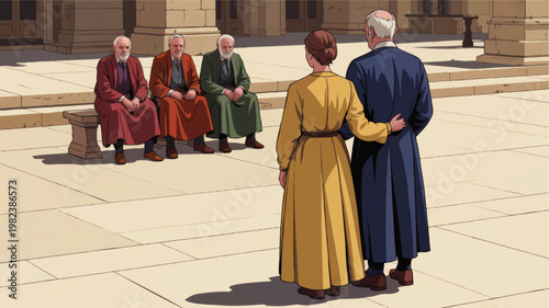 Historical courtyard scene with elderly couple from behind facing seated men in robes, stylized medieval architecture illustration
