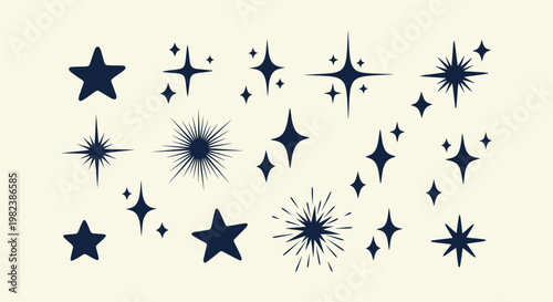 Set of Black Star and Sparkle Vector Icons Collection on Beige Background for Celestial Decoration