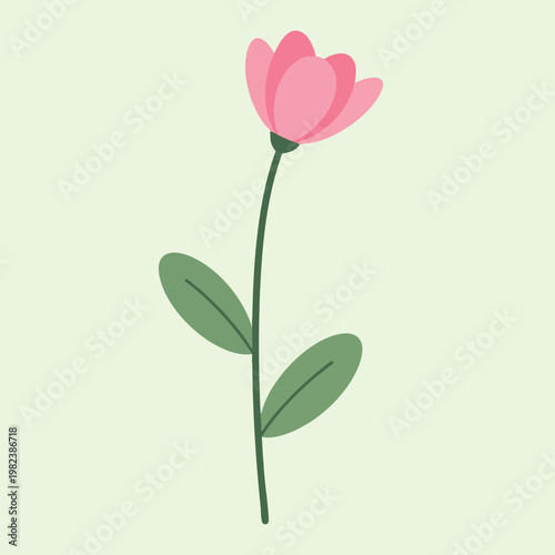 Minimalist Illustration of a Pink Flower with Green Stem and Leaves