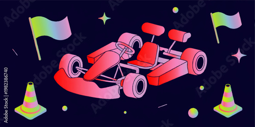 Neon go kart racing illustration with colorful flags, traffic cones and futuristic pastel vehicle on dark background