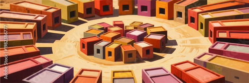 Colorful abstract geometric village illustration with block houses in circular composition, warm desert tones and modern design