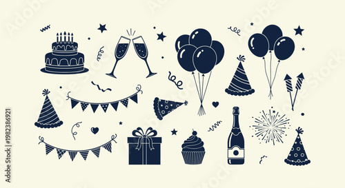 Celebration and Party Icon Set with Birthday Cake, Balloons, Champagne, Fireworks and Gift Boxes