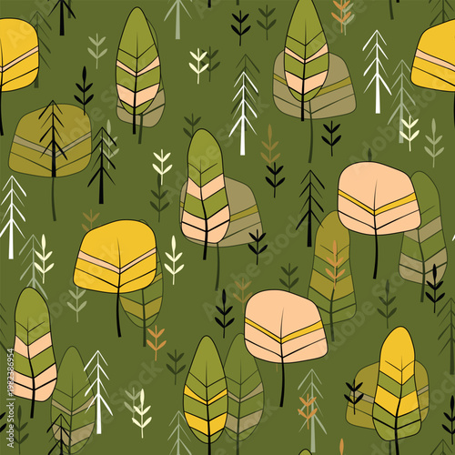 Seamless pattern with trees, plants. Color vector background. Spring, autumn tree for your design. Eco idea concept. Print design for wallpapers, fabric, textile.