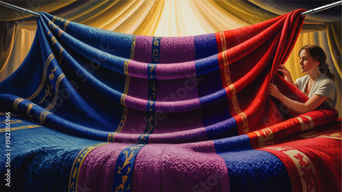 Woman Hanging Colorful Ornate Textile in Glowing Tent Interior, Dramatic Fabric Drapery Illustration With Red Blue Purple Cloth