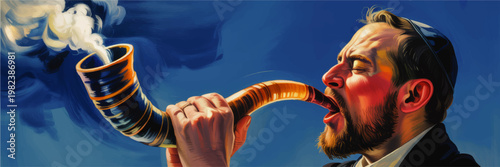 Jewish Man Blowing Shofar During Rosh Hashanah Prayer, Spiritual Holiday Worship Illustration with Smoke and Blue Sky