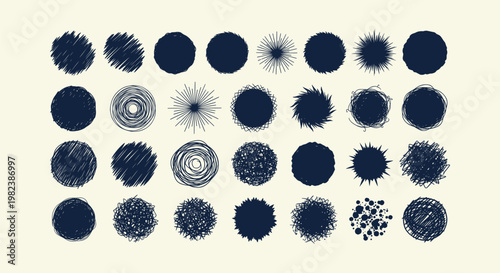 Collection of hand-drawn sketchy circular shapes, ink blobs, abstract scribbles and starburst set