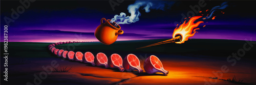 Surreal night landscape with floating clay pot, flaming torch and winding trail of sliced citrus fruit under purple twilight sky