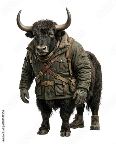 Yak wearing jacket and boots while standing confidently on white background  