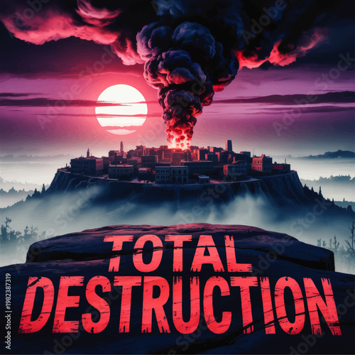 Total Destruction Apocalyptic City Poster with Massive Explosion Smoke Plume at Sunset, Dramatic Disaster Landscape Illustration