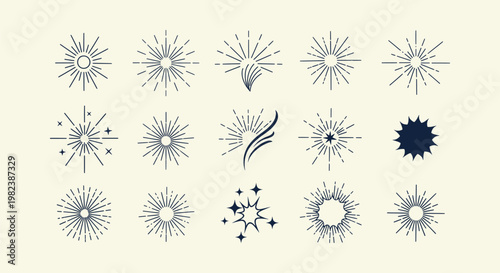 Minimalist Sunburst Starburst Collection Mystic Celestial Line Art Icons Set for Logo and Decor
