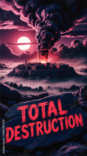 Total Destruction Apocalypse Poster with Burning City, Giant Smoke Plume, Pink Moonlight, Dark Clouds and Dramatic Landscape