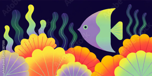 Colorful tropical fish swimming above vibrant coral reef and seaweed in whimsical underwater illustration with dark ocean background