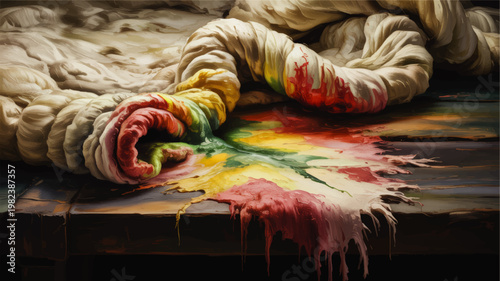 Colorful Dyed Wool Roving and Spun Fiber Dripping Across Wooden Table in Artisan Textile Studio, Painterly Abstract Craft Scene