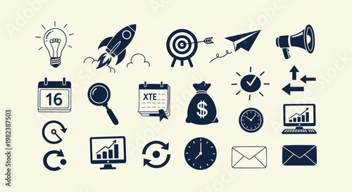 Business icon set with startup rocket idea bulb target megaphone and financial growth chart vectors