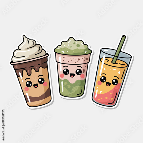 Beverages presented as a set of three cute sticker illustrations featuring a chocolate milkshake with whipped cream, a matcha latte, and a refreshing fruit smoothie with a green drinking straw.