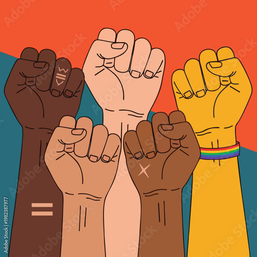 Diverse Group of Raised Fists Symbolizing Unity and Empowerment
