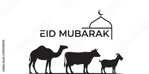 Eid Mubarak Greeting with Camel Cow and Goat Silhouettes.
