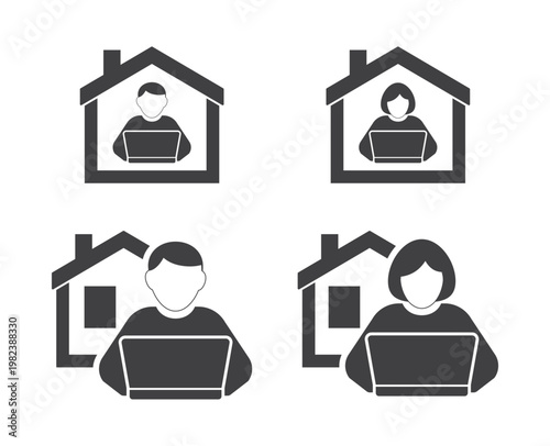 Man and Woman Working from Home Icon Set
