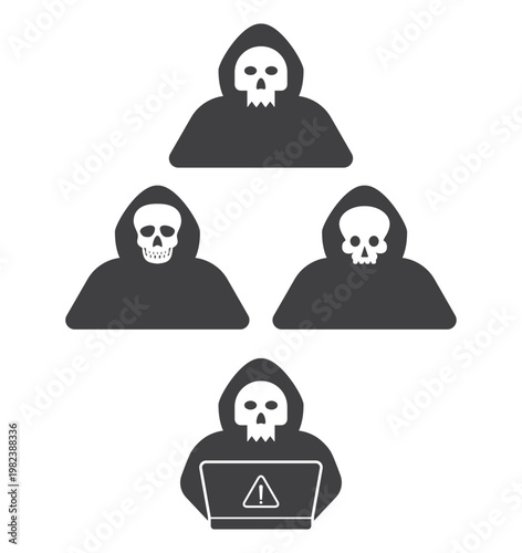 Hacker in Skeleton Mask with Laptop Icon Vector