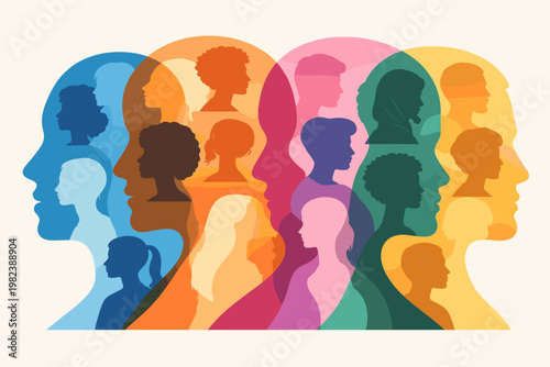Modern Flat Vector Illustration of Diverse Human Silhouettes Overlapping to Represent Community, Inclusion, Multiculturalism, and Mental Health Awareness with Vibrant Colorful Profile Shapes.