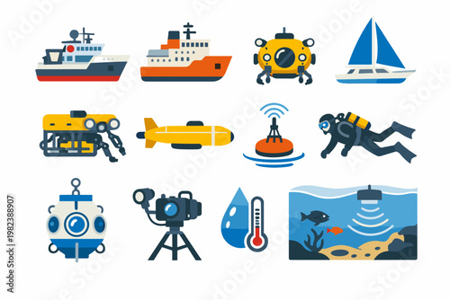 Marine Research and Ocean Exploration Equipment Vector Icon Set with Submarines, Research Ships, ROVs, Scuba Divers, Sonar, and Underwater Technology for Scientific Discovery and Sea Study