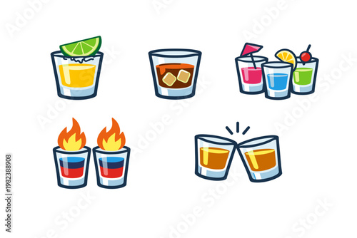 Set of shot glass icons featuring tequila with lime and salt, whiskey on the rocks, colorful party cocktails with garnishes, flaming shots, and clinking glasses for a cheers toast. Flat vector.