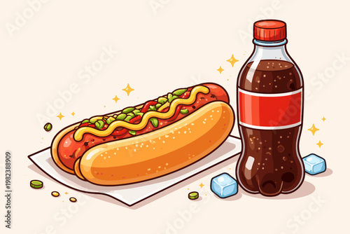 Delicious hot dog with mustard and relish in a soft bun served with a refreshing bottle of cola soda and ice cubes, flat vector illustration isolated on plain background for fast food menu.