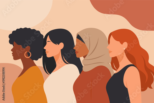 Diverse Women Portraits for Women's History Month. Flat Vector Illustration of Multiethnic Women Standing Together. Minimalist Design for International Women's Day Poster and Social Media Banner.
