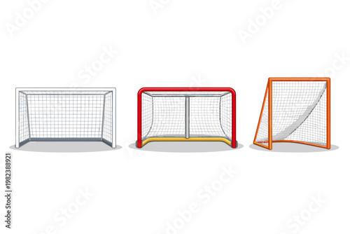 Sports Equipment Flat Vector Icons Set Featuring a White Soccer Goal, a Red Ice Hockey Net, and an Orange Lacrosse Goal Isolated on White Background for Athletic Competition and Game Design