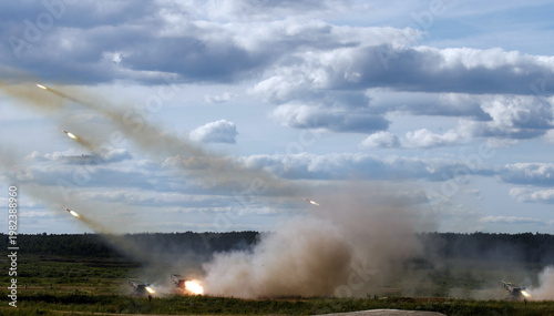 Iran - April 12 2026: Iranian missile systems launching missile during war showing active defense operations and military engagement with missile launch activity