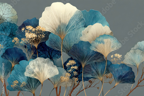 Botanical Abstract Ginkgo Leaves in Blue and Beige Minimalist Decorative Background