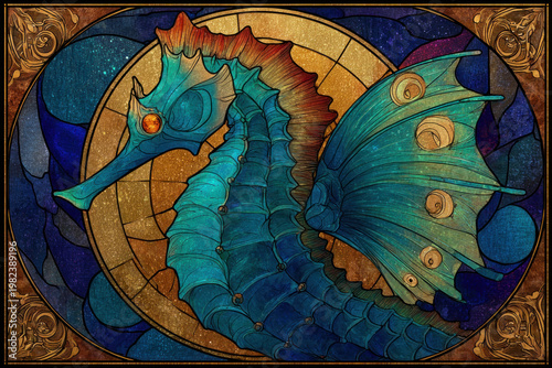 Art Nouveau Style Seahorse Illustration with Decorative Stained Glass Design